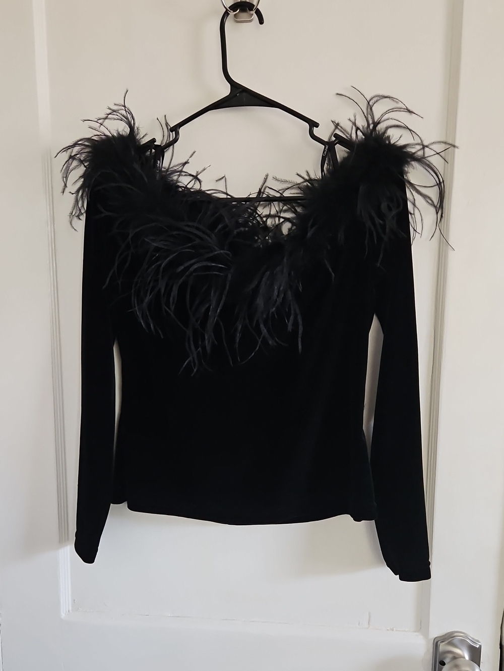 Cachet Black Feather-Trim Velvet Top